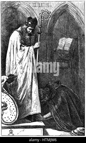 Der englische Künstler John Everett Millais (1829-1896) und Gründungsmitglied der Präraffaeliten. Illustration für das Gedicht "The Bishop und der Ritter" veröffentlicht in "The Cornhill Magazine", London, 1862. Die Ritter Büßer vor dem Bischof, hörte seine Sünde, weigert sich, ihm hinterließ. Gravur Stockfoto