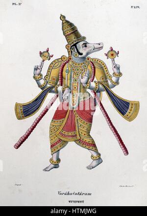 Vishnu, einer der Götter der hinduistischen Trinität (Trimurti) in seinem dritten Avatar. Farbige Lithographie von "L'Inde Francaise", 1828 Stockfoto