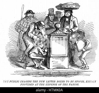 Neue Briefkästen in London für Heizöfen verwechselt wird errichtet. Cartoon aus "Punch", London, März 1855. Gravur Stockfoto