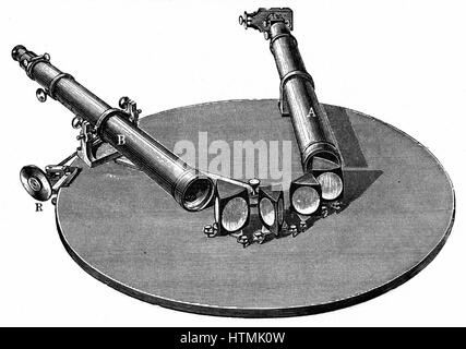 Spektroskop, 1872. Instrument des Typs in den 1850er Jahren von Robert Bunsen (1811-1899) und Robert Kirchhoff (1824-1887) entwickelt. Ihre Arbeit lieferte ein präzises Werkzeug, um Nutzen von Joseph von Fraunhofer (1787-1826) Observatians von dunklen Linien in der so Stockfoto