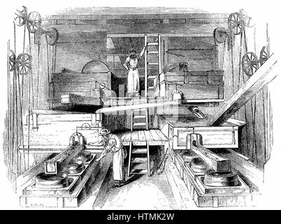 Mischen und Mahlen Zutaten für die Herstellung von Keramik in der Mühlenraum einer Staffordshire-Fabrik. Holzstich-c1851 Stockfoto