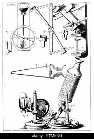 Hookes Mikroskop mit Kondensator für die konzentrierte Licht: links rechts oben sind seine Barometer, Refraktometer zur Messung der Brechkraft von Flüssigkeiten und Objektiv-Schleifmaschine. Von Robert Hooke "Herumgestreift" London 1665. Gravur Stockfoto