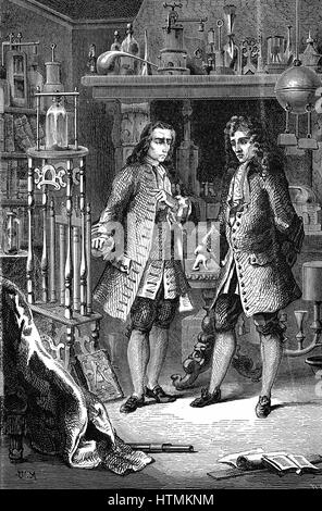 Robert Boyle (1627-91) folgten Chemiker und Physiker, in seinem Labor mit dem französischen Physiker Denis Papin (1647-1712). Papin verweist auf Boyles Luftpumpe. Wahrscheinlich zeigt Diskussion zwischen Boyle und Papin auf Nutzung des atmosphärischen Drucks, Wasser zu erhöhen. Holzstich Paris 1870 Stockfoto