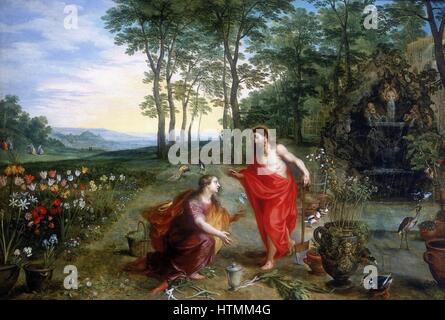 Jan Brueghel oder Breughel der jüngere (1601-1678) und Hendrick van Balen. "Noli me Tangere" Öl auf Holz. Privatsammlung. Mary Magdalene, die erste zu sehen, den auferstandenen Christus im Garten Gethsemane. Stockfoto