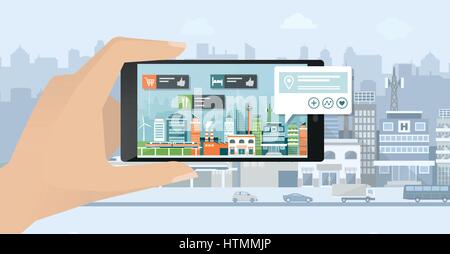 Augmented Reality, Navigation und Location-Konzept: hand hält eine Smartphone und Anzeigen einer Stadtstraße, der Benutzer sucht Orte mit einer app Stock Vektor
