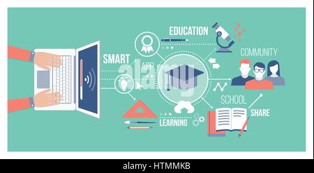 Bildung, Technologie und Online-Trainingskonzept: Student mit einem Laptop verbinden, die Teilnahme an Online-Kursen und mit einer Gemeinschaft teilen Stock Vektor