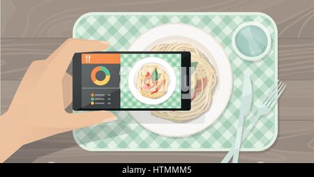 Hand, die eine Smartphone anzeigen einen Teller mit Essen und mithilfe einer Diäten und Kochen app augmented Reality-Konzept Stock Vektor