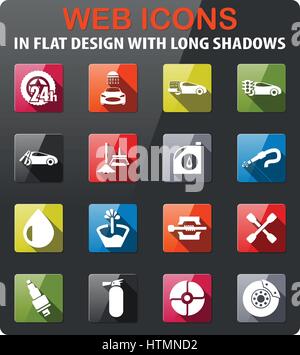 Auto Shop Symbole festlegen im flat Design mit langen Schatten Stock Vektor
