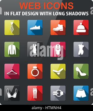 Kleiderset Symbole im flat Design mit langen Schatten Stock Vektor
