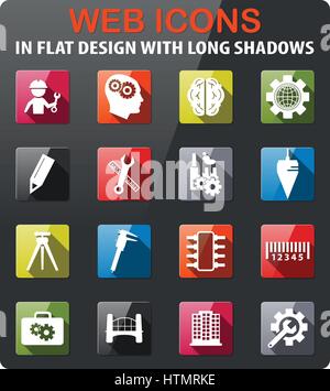Engineering-Symbole im flat Design mit langen Schatten setzen Stock Vektor