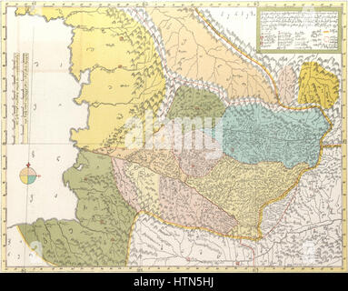 Diese Karte von Georgien, die von Prinz Vakhushti Bagrationi im 18. Jahrhundert erstellt wurde, bietet eine detaillierte Darstellung der Geographie, Siedlungen und Sehenswürdigkeiten der Region. Bagrationis Werk ist ein bedeutender Beitrag zur kartographischen Geschichte des Kaukasus und spiegelt die politische und kulturelle Landschaft Georgiens während seiner Zeit wider. Stockfoto