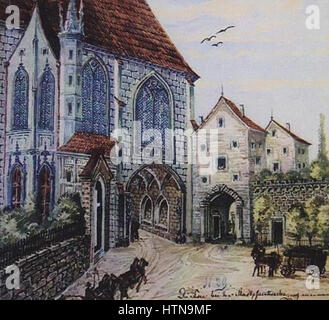 Die Stadtpfarrkirche in Steyr, Österreich, mit ihren ehemaligen Stadtbefestigungen, gesehen vom Norden, in einer Darstellung aus der Mitte des 19. Jahrhunderts von Franz Hölzlhuber, einem österreichischen Künstler. Stockfoto