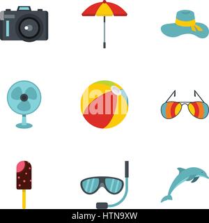 Elemente der Strand Ruhe und Aktivität Symbole festgelegt. Flache Abbildung 9 Elemente der Strand Ruhe und Aktivität-Vektor-Icons für web Stock Vektor