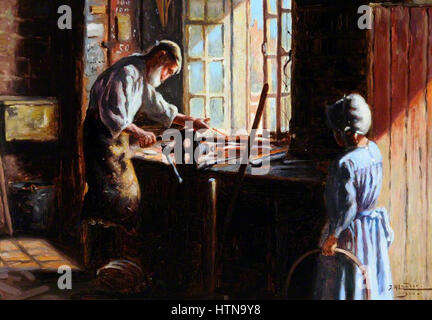 Dieses Kunstwerk, „der Schmied“, zeigt eine Szene im Inneren einer Schmiedewerkstatt mit Arbeitern, die Metall schmieden. Das Stück betont den arbeitsintensiven Prozess der Metallbearbeitung und die enge Interaktion zwischen den Arbeitern und ihren Werkzeugen. Stockfoto