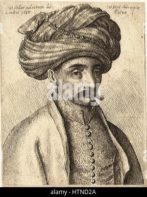 „Turk's Head (State 2)“ von Wenceslas Hollar ist ein detaillierter Gravur, der eine stilisierte Darstellung einer Turbanfigur, bekannt als „Turk's Head“, darstellt. Dieser Druck ist Teil einer Serie von Porträtgravuren, die Hollar in der Lage zeigen, komplizierte Details zu erfassen, insbesondere in der Textur von Stoff und Gesichtszügen. Der Ausdruck der Figur und die ornamentalen Details tragen zur beeindruckenden realistischen und visuellen Wirkung des Stücks bei. Stockfoto