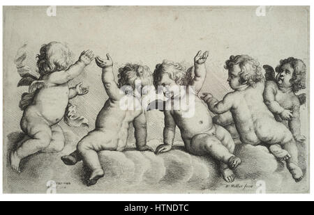 Wenceslas Hollar - drei Putten und zwei jungen auf Wolken (Zustand 1) Stockfoto