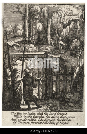 Diese Ätzung von Wenzel Hollar, „Jesus auf dem Ölberg“, veranschaulicht einen entscheidenden Moment aus der Passion Christi. Das Kunstwerk zeigt Jesus im Gebet und symbolisiert seine Trauer und tiefe Verbindung mit Gott vor seiner Kreuzigung. Stockfoto