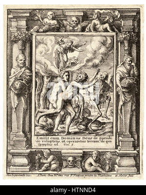 Diese Radierung von Wenceslas Hollar aus „Paradise Lost“ veranschaulicht eine Szene aus John Miltons Epos Gedicht. Hollar's detailreiche Gravuren erwecken die lebendige Bildsprache des Gedichts zum Leben und heben die Themen der Versuchung und des Falles aus der Gnade hervor. Stockfoto