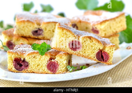 Leckere Schnitten Kirsch Torte mit Puderzucker und Minze Blätter auf einem weißen Teller serviert Stockfoto