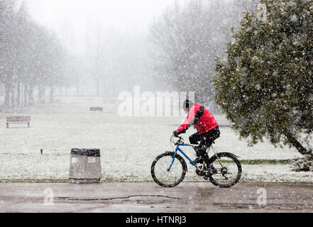 Ein Mann ist das Radfahren im Park während schneit in Sofia, Bulgarien. Stockfoto