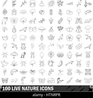 100 live-Natur Icons Set, Umriss-Stil Stock Vektor