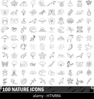 100 Natur Icons Set, Umriss-Stil Stock Vektor