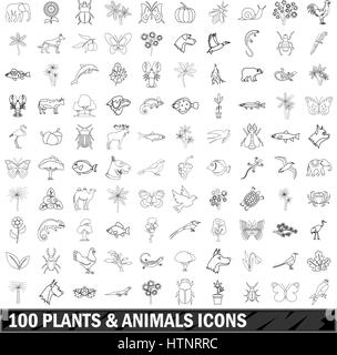 100 Pflanzen und Tiere Icons Set, Umriss-Stil Stock Vektor
