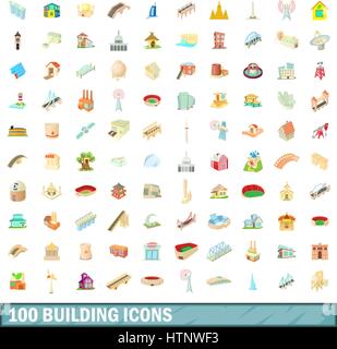 100 Symbole Gebäude gesetzt, cartoon-Stil Stock Vektor