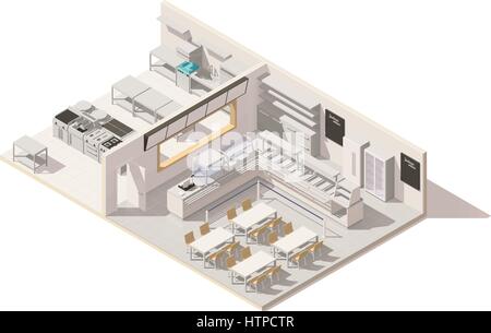 Vektor-isometrische low-Poly-Restaurant mit Küche Stock Vektor
