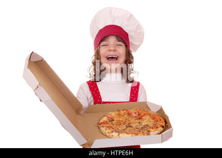 schöne glückliche kleine Mädchen Köchin halten Box mit pizza Stockfoto