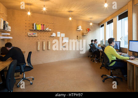 Innenansicht mit Kork verkleidet Pod. Selenky Parson Büro, Brockley, Vereinigtes Königreich. Architekt: selenckyparsons, 2017. Stockfoto