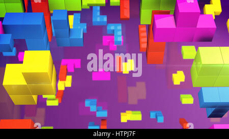 3D-Rendering des Tetris-Spiel Figuren in der perspektivischen Ansicht auf violettem Hintergrund. Stockfoto
