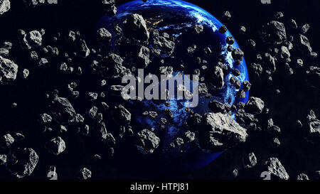 3D-Rendering Tausender Asteroiden Schließen auf den Planeten Erde. Elemente der Abbildung von der NASA eingerichtet. Stockfoto