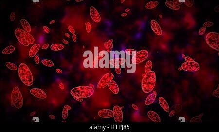 3D-Rendering des abstrakten Erythrozyten mit Fraktalen Textur auf einem dunkelroten Hintergrund Stockfoto