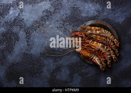 Rohe frische Tiger Garnelen Garnelen in Metallplatte auf schwarzem Hintergrund kopieren Raum Stockfoto