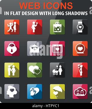 Valentin-Tag-Symbole festlegen im flat Design mit langen Schatten Stock Vektor