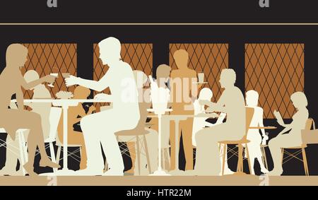 Vektor-Silhouette-Illustration von Menschen Essen in einem gut besuchten Restaurant mit allen Zahlen als separate Objekte Stock Vektor