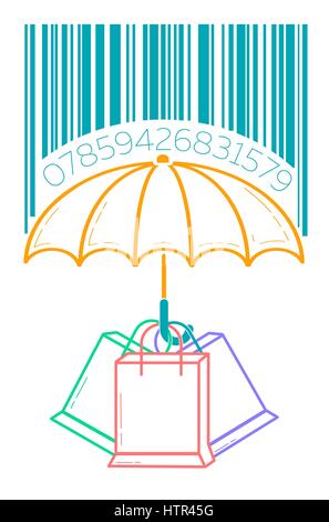 Konzept des Verbraucherschutzes in Form eines Regenschirms bergende Pakete vor dem Regen mit Barcodes. Symbol in der linearen Stil Stock Vektor