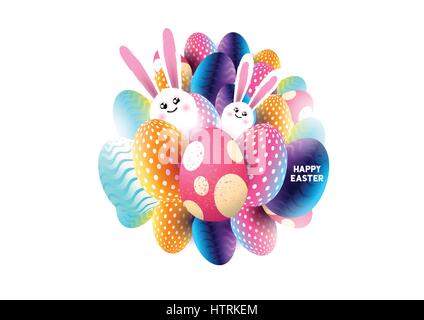 Abstrakte Frohe Ostern isoliert Design mit niedlichen Häschen und Schokoladeneier mit verschiedenen Mustern. Vektor-illustration Stock Vektor