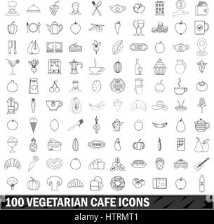 100 vegetarische Café Icons gesetzt, skizzieren Stil Stock Vektor