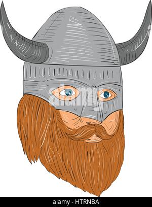 Zeichnung Skizze Stil Illustration ein Norseman Viking Warrior Raider Barbar Kopf mit Bart tragen gehörnten Helm leicht auf die Seite suchen Stock Vektor