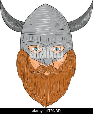 Zeichnung Skizze stil Abbildung einer norseman Viking warrior Raider Barbar Kopf mit Bart tragen gehörnten Helm von vorne gesehen auf isolieren Stock Vektor