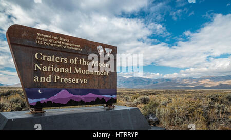 Eintrag Schild am Krater des Moon National Monument und Preserve, Idaho, USA. Stockfoto