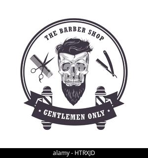 Schädel Barber Shop Logo Retro-Vintage-Designvorlage. Vektor-Illustration Stock Vektor