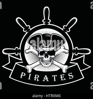 Totenkopf Pirat mit Augenklappe und Schiff Helm Logo schwarzer Hintergrund-Vektor-Illustration Stock Vektor