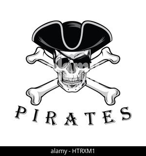 Piraten-Totenkopf mit Knochen Hut und Augenklappe Logo-Design-Vektor-Illustration Stock Vektor
