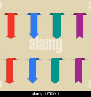 Satz von farbigen Lesezeichen mit Bändern und Pfeile, Vektor-Illustration. Stock Vektor