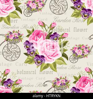 Nahtlose Blumenmuster mit rosa Rosen und grauen Fahrrad. Vektor-Illustration. Stock Vektor