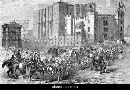 Elizabeth I. wurde 1533-1603, Königin von England und Irland von 17 November 1558 bis zu ihrem Tod. Manchmal genannt The Virgin Queen, Gloriana oder gute Königin Bess, der kinderlose Elisabeth war der letzte Monarch von Tudor Dynastie., Besuch Kenilworth Castle befindet sich in der Stadt mit dem gleichen Namen in Warwickshire, England, Reproduktion von einem Holzschnitt aus dem Jahr 1880, digital verbessert Stockfoto