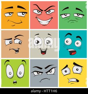 Lustige Comic-Gesichter mit Emotionen. Clip Art Vektorgrafik. Stock Vektor